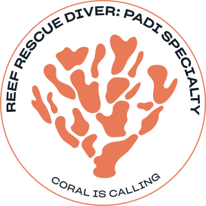 Logo for Reef Rescue Diver PADI Specialty, promoting opportunities to volunteer in coral reef restoration abroad.