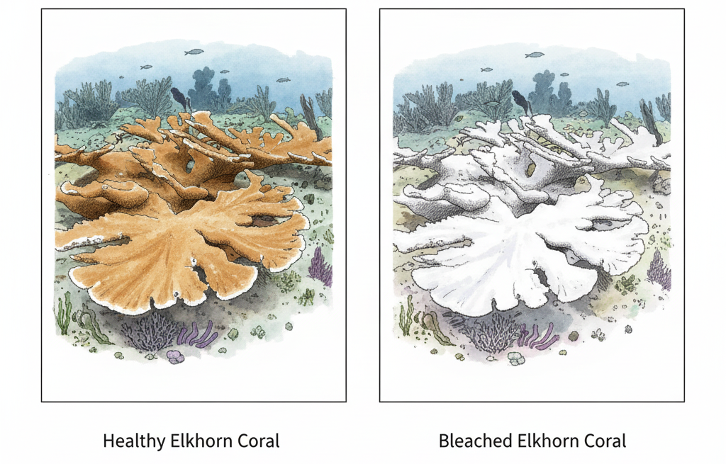 Two-panel illustration comparing a healthy and bleached staghorn coral. Heat stress drives the coral to expel its symbiotic algae, turning its once vibrant branches ghost white.