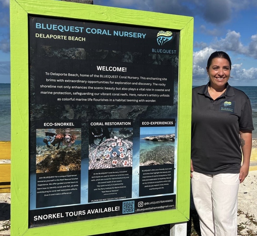 Allison Longley, founder of Bluequest Bahamas, at the Bluequest Coral Nursery at Delaporte Beach, Nassau